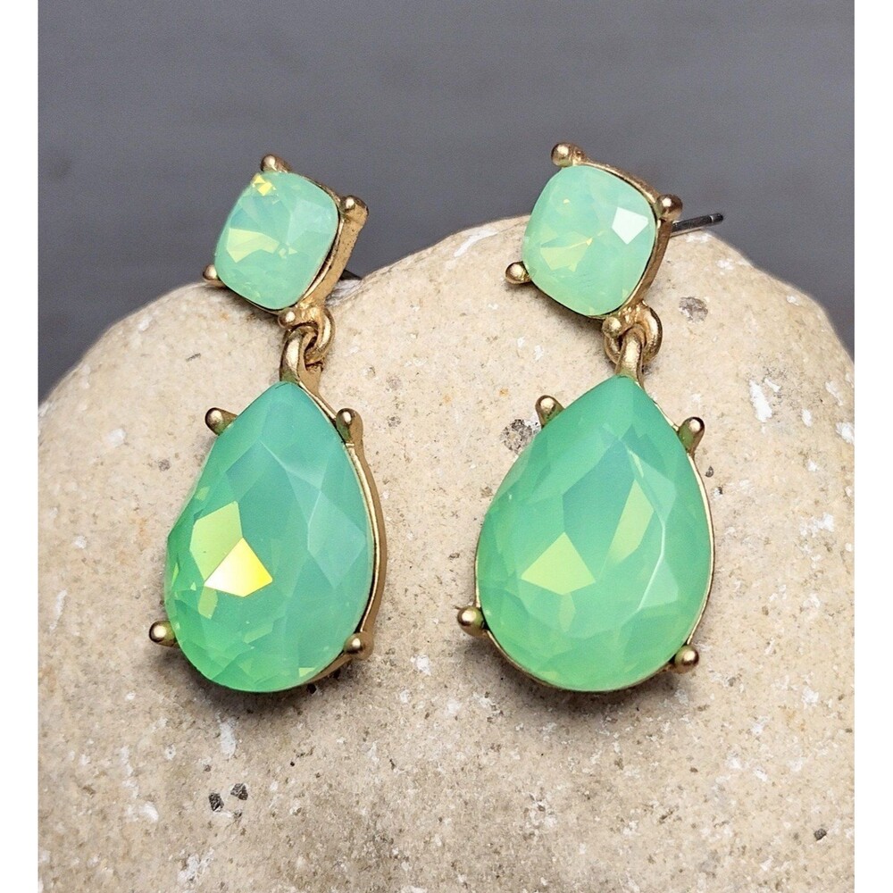 Mint Green Facet Glass Teardrop Satin Gold tone Statement Earrings